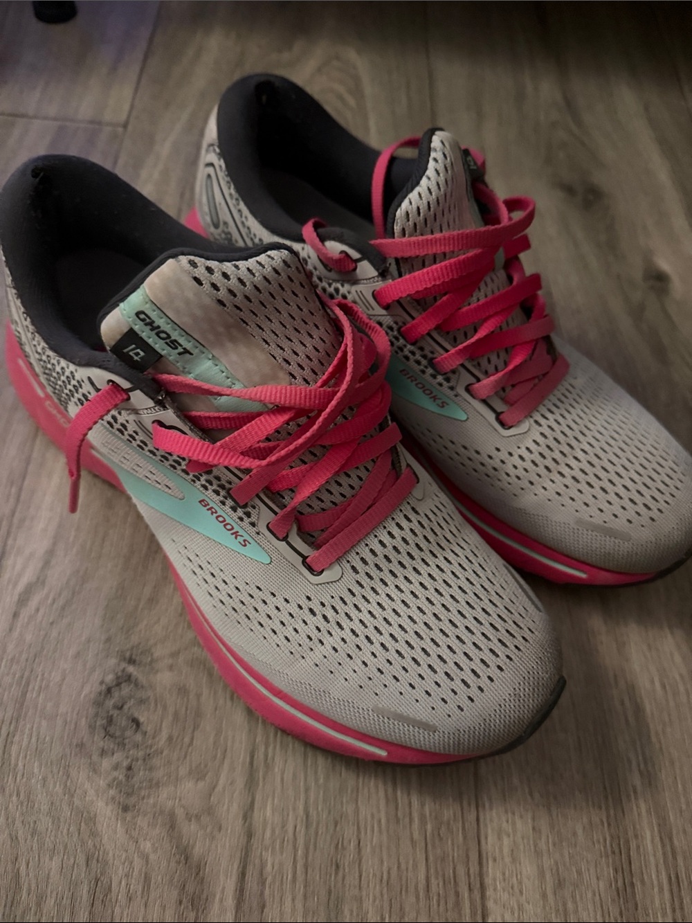 Brooks Women’s Ghost 14 Running Shoes - Light Gray with Pink and Aqua